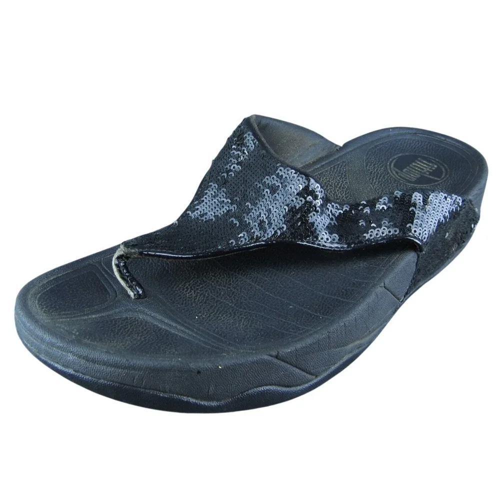 FitFlop Sequins Women Flip Flop Sandal Shoes‎ Black Synthetic Size 7 Medium